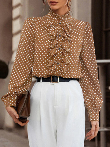 Floral Pleated Polka-Dot Split-Joint Loose Puff Sleeves Stand Collar Blouses