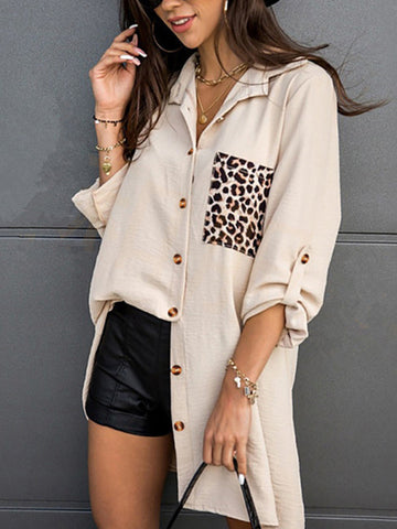 Leopard Split-Joint Long Sleeves Loose Lapel Blouses