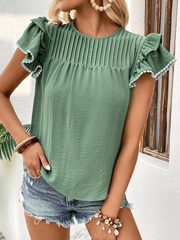 Pleated Loose Ruffle Sleeves Round-neck T-Shirts Tops