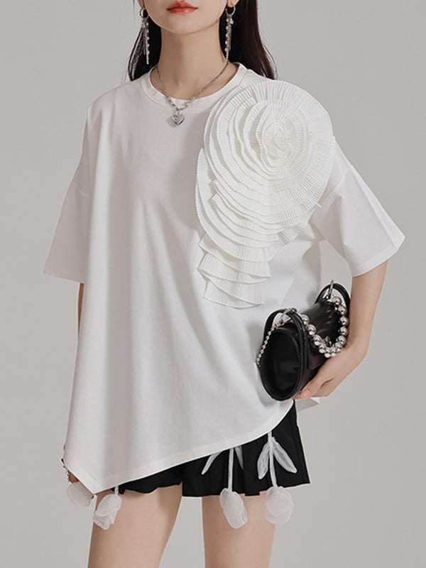 Asymmetric Solid Color Three-Dimensional Flower Loose Short Sleeves Round-Neck T-Shirts Tops