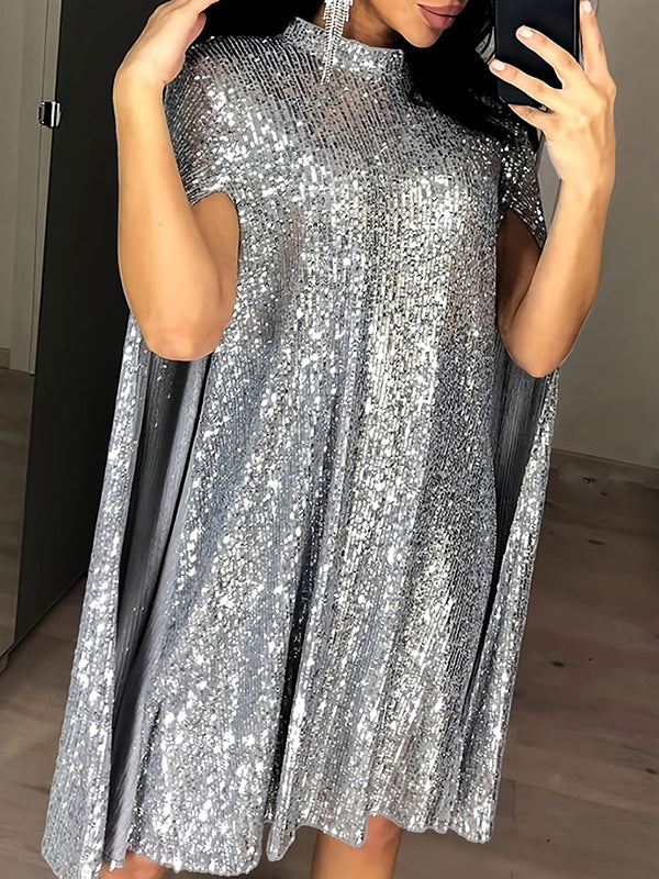 Sequined Shiny Split-Joint Cape Long Sleeves Mock Neck Mini Dresses