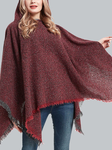 Fringed Hooded Keep Warm Solid Color Shawl&Cloak Cape