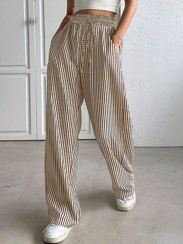 Drawstring Elasticity Pockets Split-Joint Striped Loose Trousers Pants