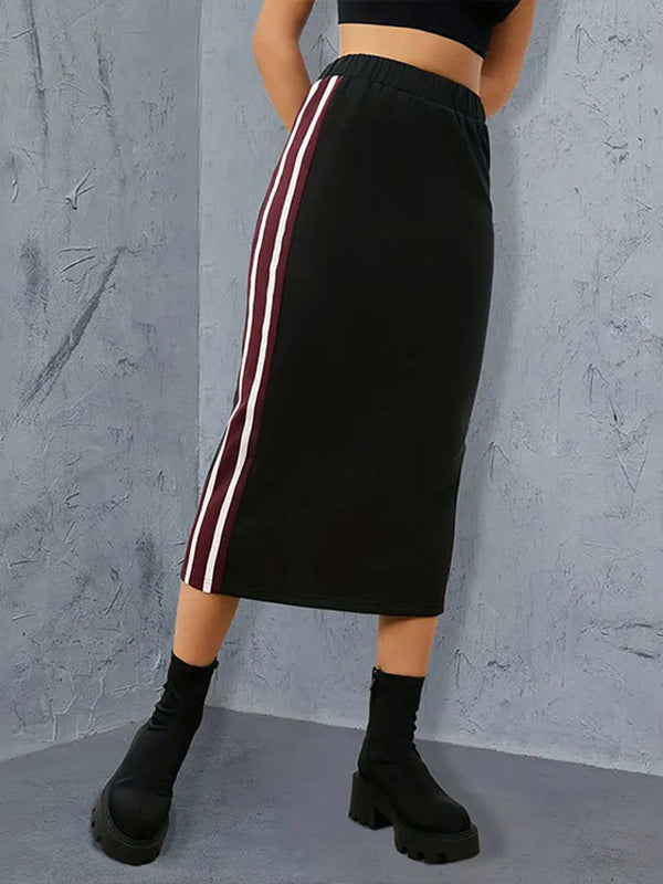 Contrast Color Elasticity Pleated Split-back Split-Joint Striped High Waisted Loose Skirts Bottoms