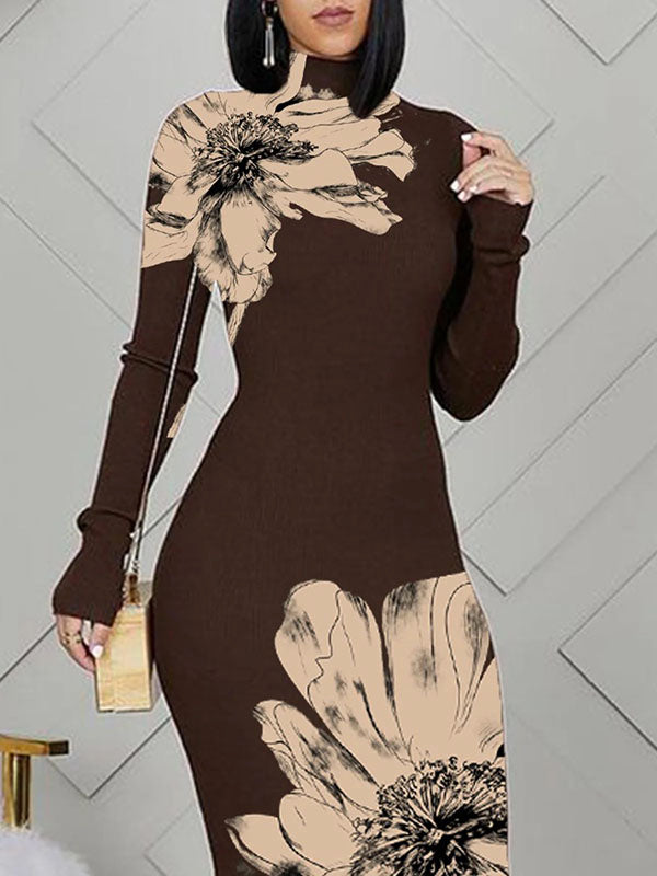 Flower Print Bodycon Long Sleeves High Neck Midi Dresses