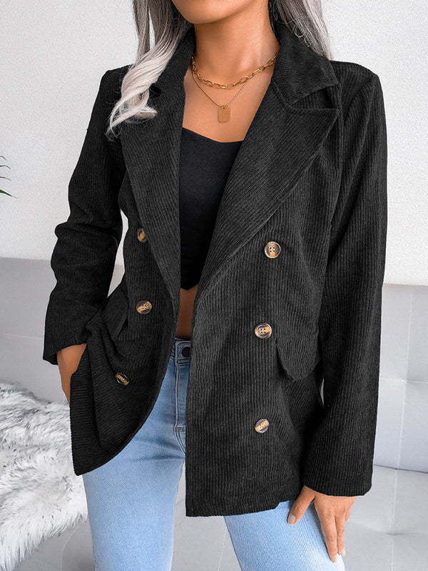 Buttoned Pockets Split-Joint Long Sleeves Loose Notched Collar Outerwear Jackets