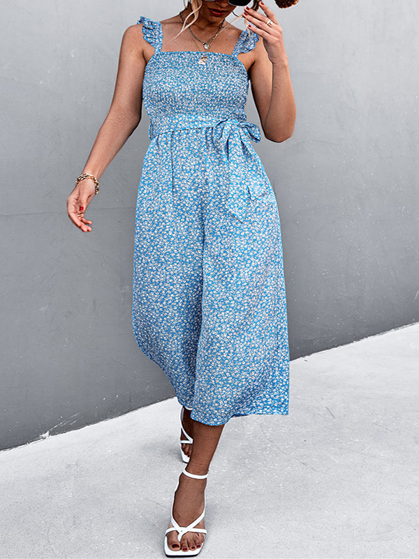 Elasticity Flower Print Tied Waist High Waisted Loose Spaghetti-Neck Jumpsuits