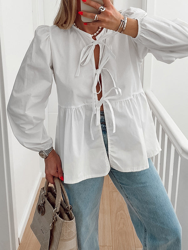 Elasticity Solid Color Split-Joint Tied Long Sleeves Loose Round-Neck Blouses&Shirts Tops