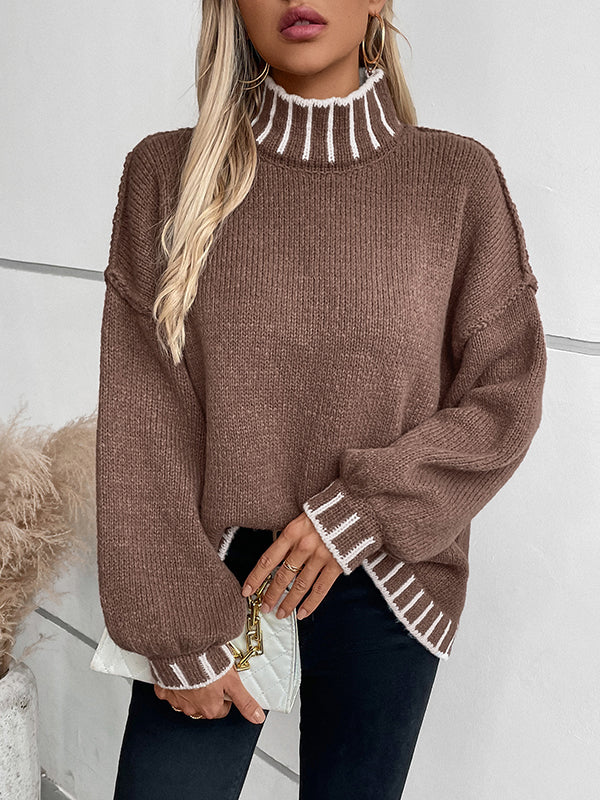 Contrast Color Split-Joint Long Sleeves Loose High Neck Sweater Tops Pullovers