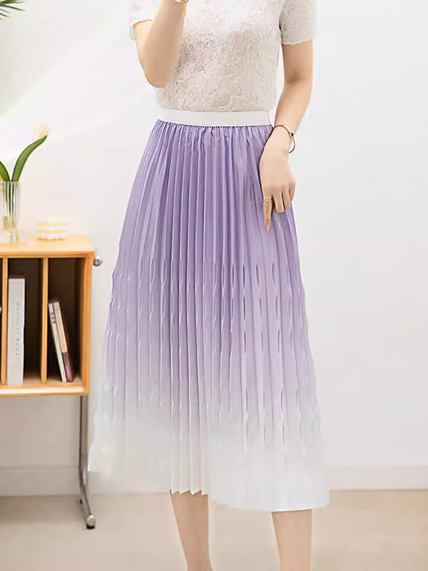 Elasticity Gradient Pleated Split-Joint High Waisted Loose Skirts