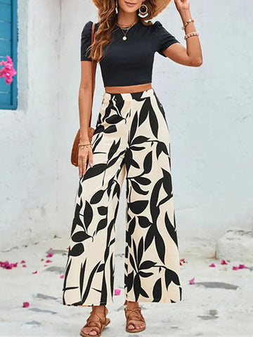 Split-Joint Round-Neck Skinny Short Sleeves Shirt Tops + Loose Printed Pants Trousers Two Pieces Set