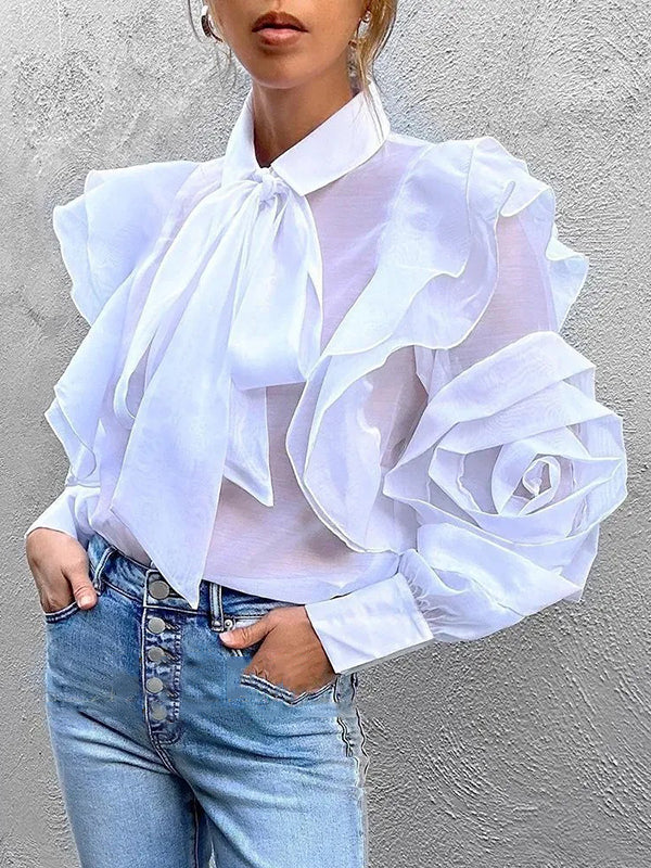 Gauze See-Through Split-Joint Tiered Loose Puff Sleeves Lapel Blouses&shirts Tops