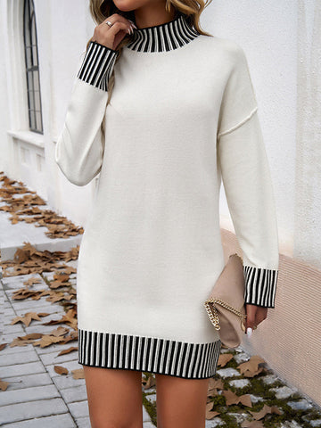 Contrast Color Split-Joint Long Sleeves Loose Mock Neck Sweater Dresses Mini Dresses