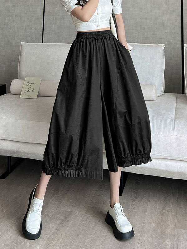 Elasticity Solid Color Split-Joint High Waisted Loose Trousers Pants Ninth Pants Knickerbockers