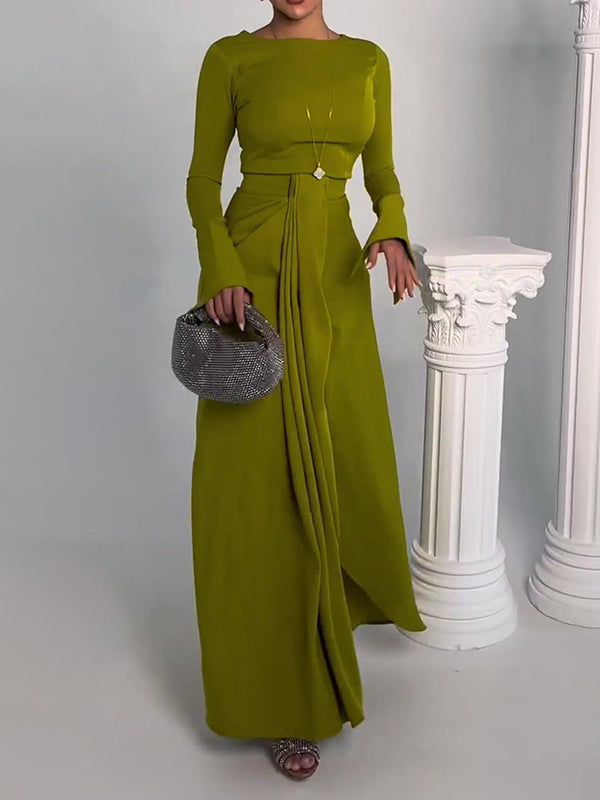 Solid Color Split-Front Bodycon Irregularity Round-Neck Maxi Dresses