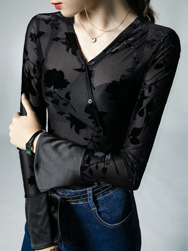 Asymmetric Buttoned Flower Print Mesh See-Through Flared Sleeves Long Sleeves V-neck Blouses&shirts Tops