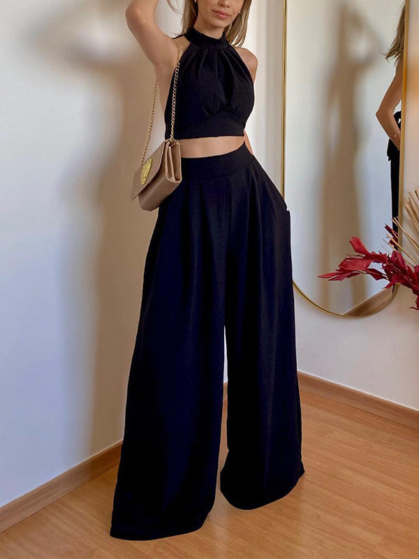 Plain Pleated Split-Joint Backless High Neck Vest + High Waisted Relaxed Fit Pants Trousers Two Pieces Set