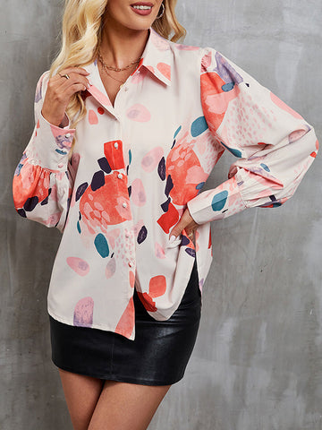 Buttoned Printed Split-Joint Long Sleeves Loose Lapel Blouses&Shirts Tops