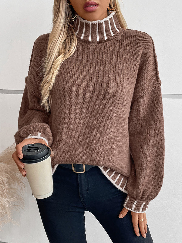 Contrast Color Split-Joint Long Sleeves Loose High Neck Sweater Tops Pullovers