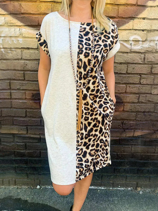 Contrast Color Leopard Pockets Relaxed Fit Raglan Sleeve Round-Neck Mini Dresses