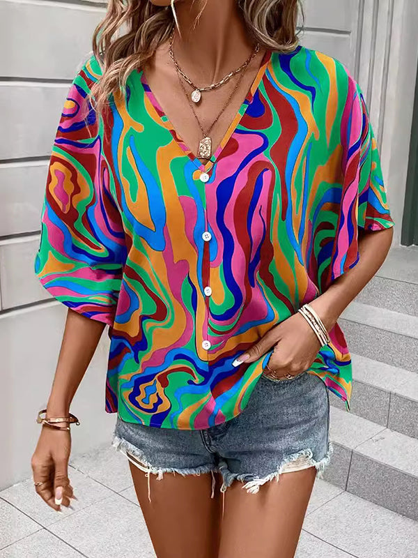 Buttoned Printed Batwing Sleeves Loose V-Neck Blouses&Shirts Tops