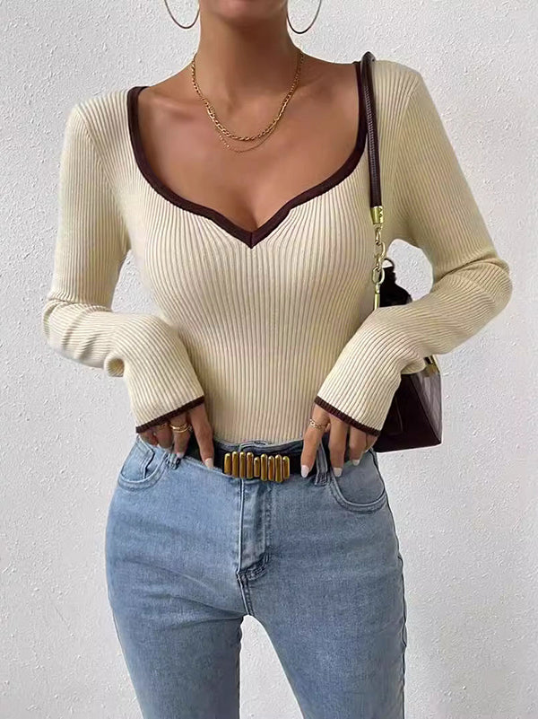 Pleated Split-Joint Long Sleeves Skinny V-Neck Sweater Tops