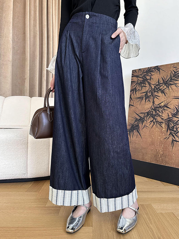 Old Money Style Elasticity Pleated Split-Joint Striped High Waisted Loose Jean Pants Bottoms