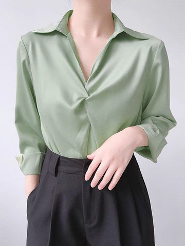 Knot Pure Color Long Sleeves Roomy Lapel Blouses&Shirts Tops