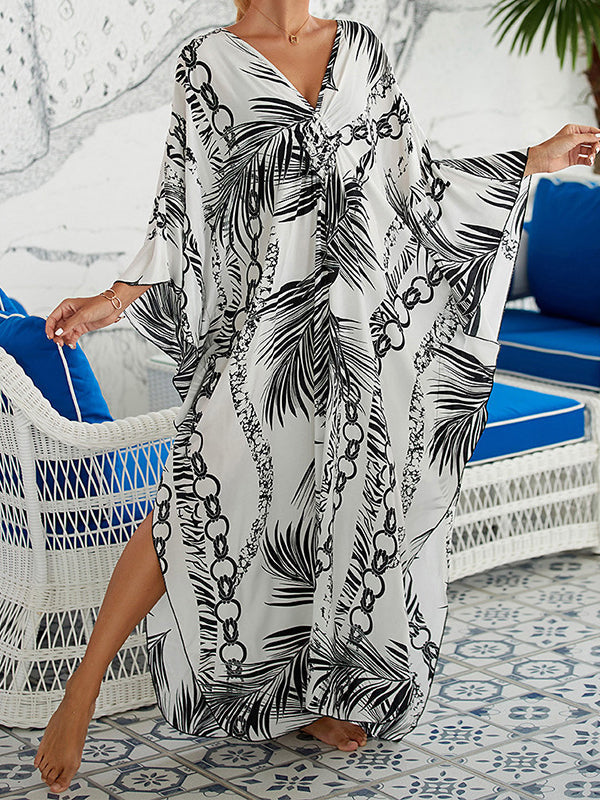 Printed Split-Joint Split-Side Sun Protection Batwing Sleeves Loose V-Neck Maxi Dresses Beach Cover-Up