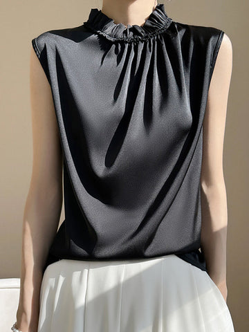 Pleated Ruffle Trim Plain Relaxed Fit Sleeveless Stand Collar Vest Top