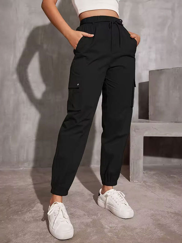 Elasticity Pockets Solid Color Split-Joint Tied Waist High Waisted Trousers Cargo Pants