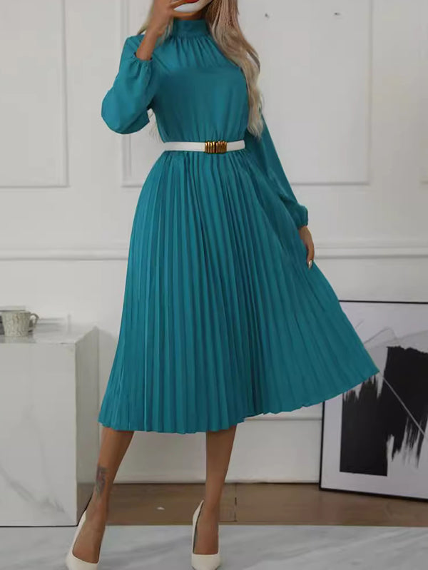 Buttoned Elasticity Hollow No Belt Pleated Pure Color Long Sleeves Roomy High Neck Midi Dresses