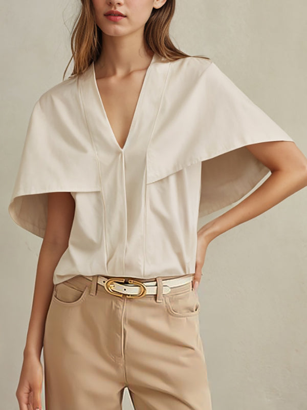 Pleated Solid Color Split-Joint Capelet Loose V-neck Blouses&shirts Tops