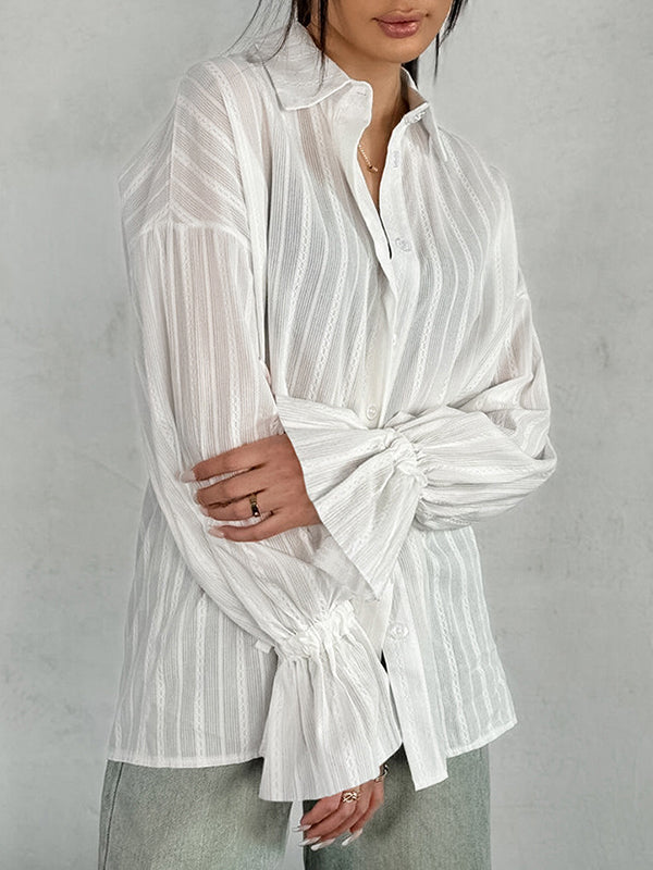 Buttoned Elasticity Jacquard Solid Color Flared Sleeves Long Sleeves Lapel Blouses&Shirts Tops