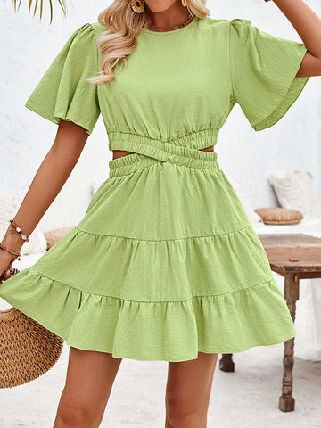 Elasticity Hollow Pleated Solid Color Split-Joint A-Line Flared Sleeves Round-Neck Mini Dresses