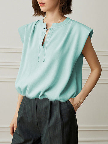 Elasticity Shoulder Pad Solid Color Tied Loose Sleeveless V-Neck Vest Top