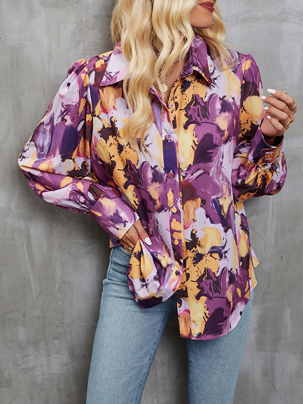 Buttoned Printed Split-Joint Long Sleeves Loose Lapel Blouses&Shirts Tops