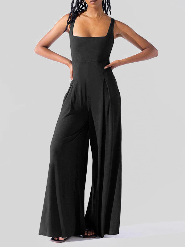 Pleated Solid Color Loose Sleeveless Spaghetti-Neck Jumpsuits