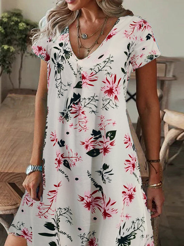 Flower Print Roomy Short Sleeves V-Neck Mini Dresses