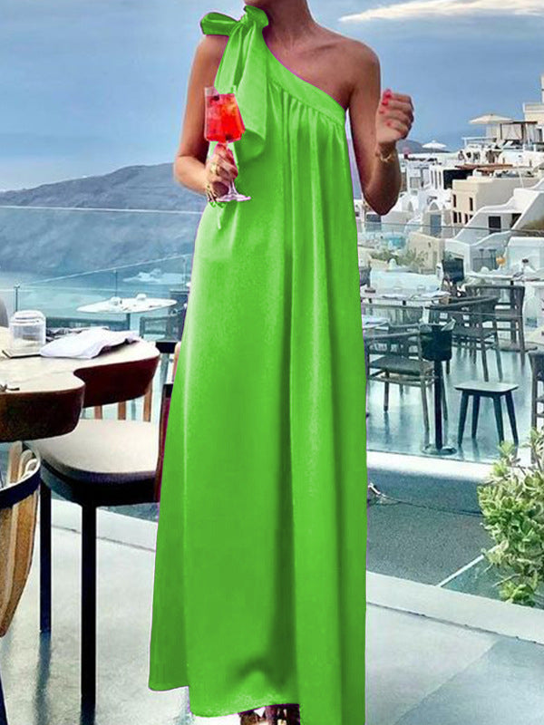 Asymmetric Pleated Pure Color Tied A-Line Roomy One-Shoulder Maxi Dresses