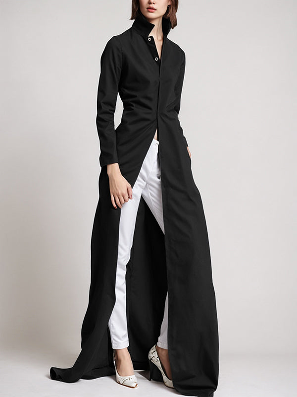 Buttoned Solid Color Long Sleeves Lapel Shirt Dress Maxi Dresses