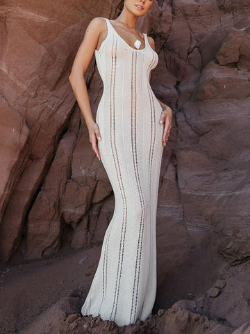 Backless Hollow See-Through Solid Color Split-Joint Skinny Sleeveless Wide Straps Maxi Dresses