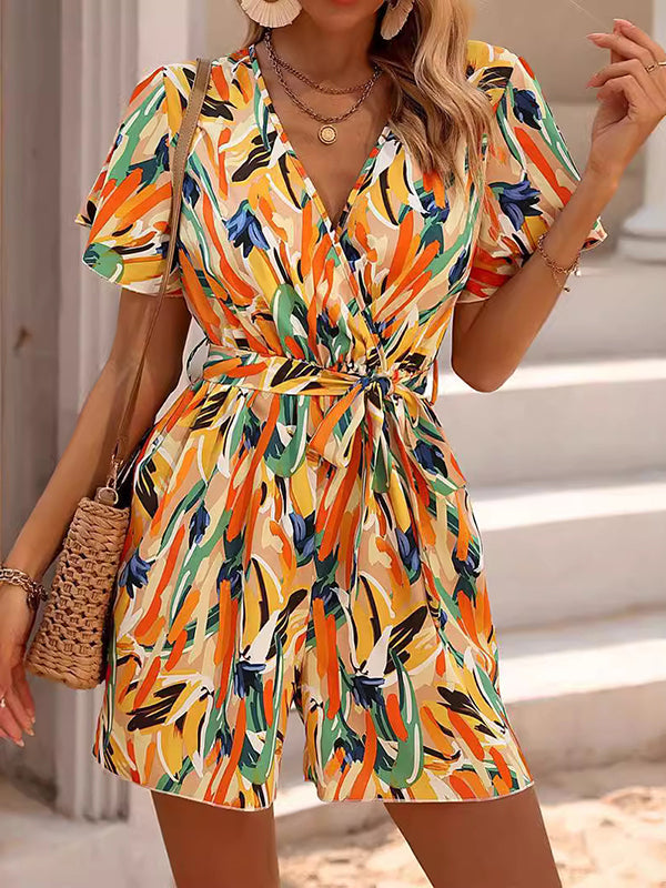 Printed Tied Waist High Waisted Loose V-Neck Mini Dresses