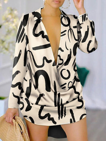 Figure Patterned Long Sleeves Relaxed Fit Lapel Shirt Dress Mini Dresses