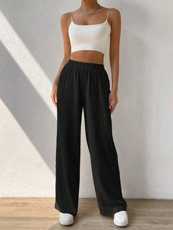 Elasticity Solid Color Split-Joint High Waisted Loose Trousers Pants