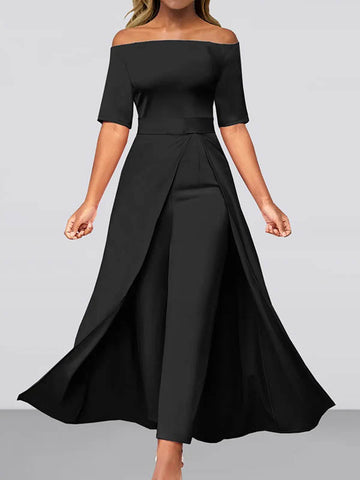 Solid Color Split-Joint Half Sleeves Ninth Pants Off-The-Shoulder Jumpsuits