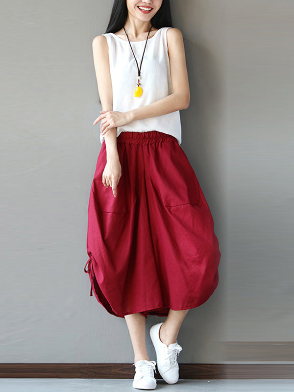 Drawstring Elasticity Solid Color Split-Joint High Waisted Loose Pants Cropped Trousers