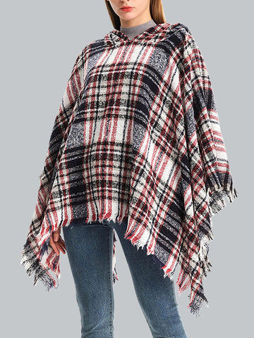 Fringed Hooded Keep Warm Plaid Shawl&Cloak Cape