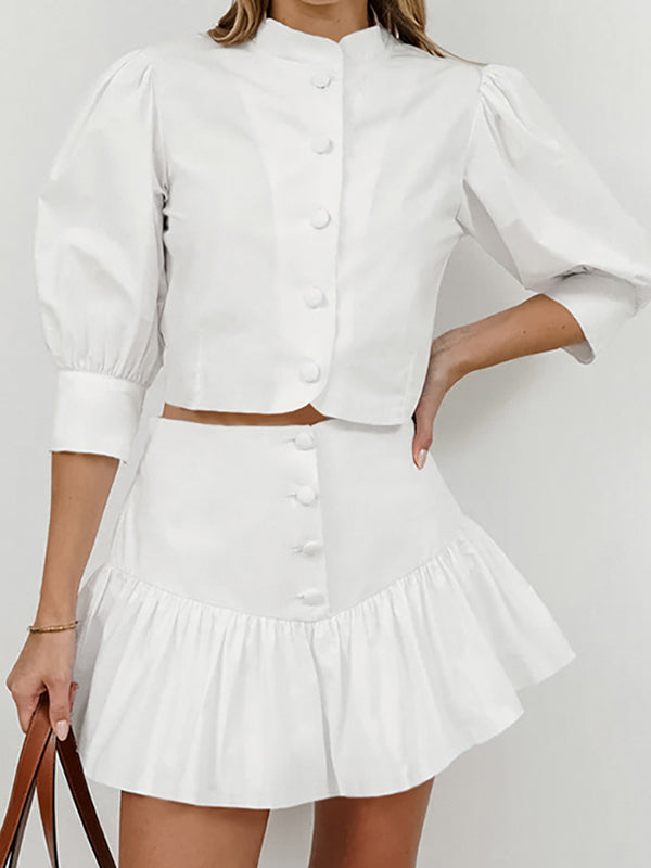 Loose Buttoned Pleated Half Sleeves Solid Color Split-Joint Stand Collar Blouses Top +  Skirts Bottom Two Pieces Set