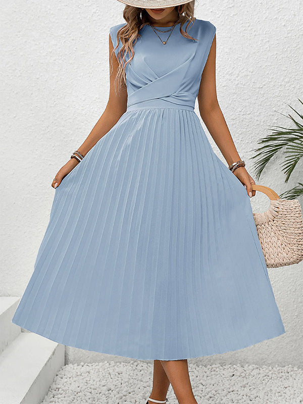 Elasticity Pleated Solid Color Split-Joint Tied Waist Loose Raglan Sleeve Round-neck Midi Dresses